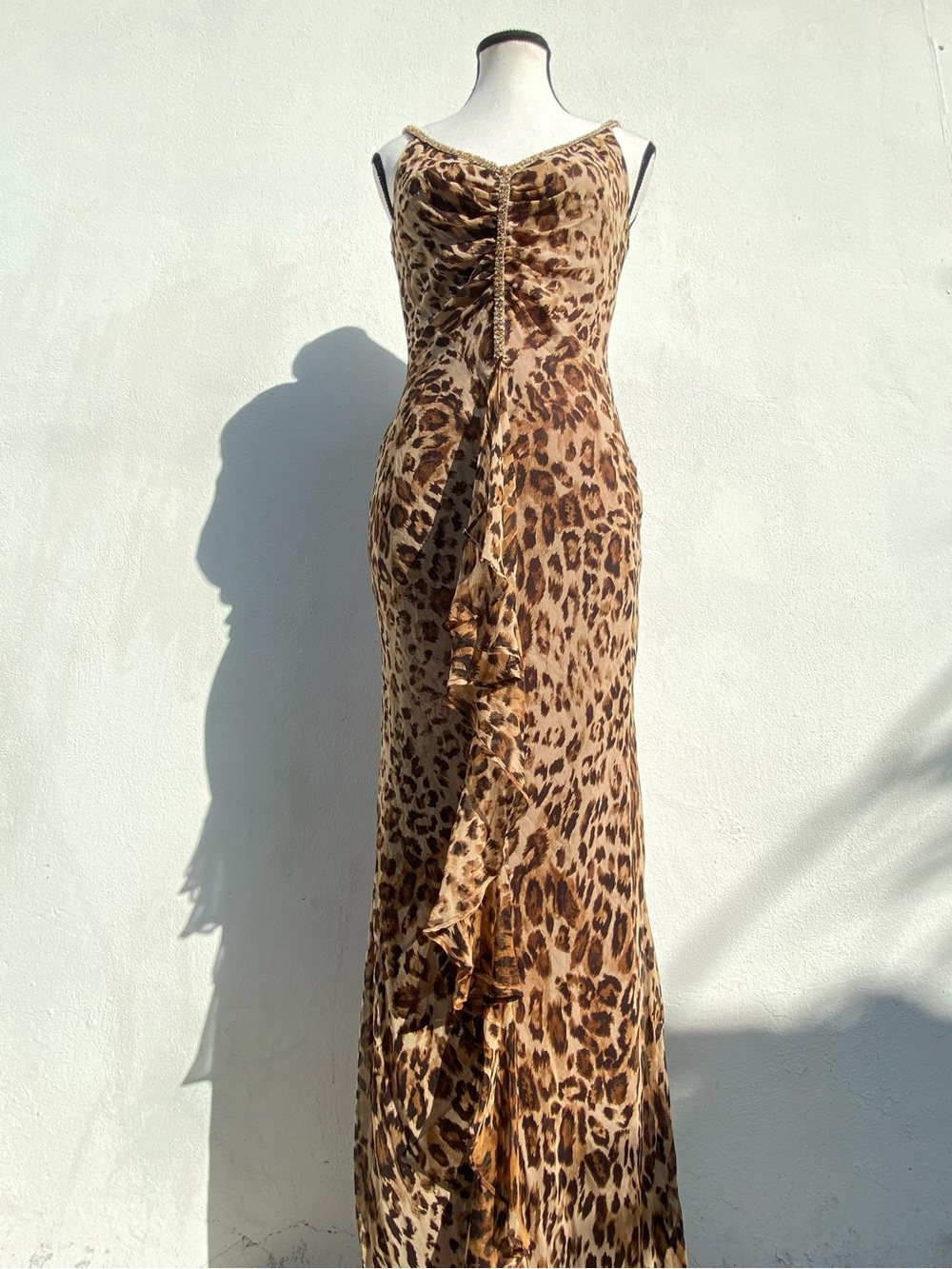 Y2K 100% Silk Tan & Brown Leopard Ruched Ruffle Beaded Maxi Gown Size 6
